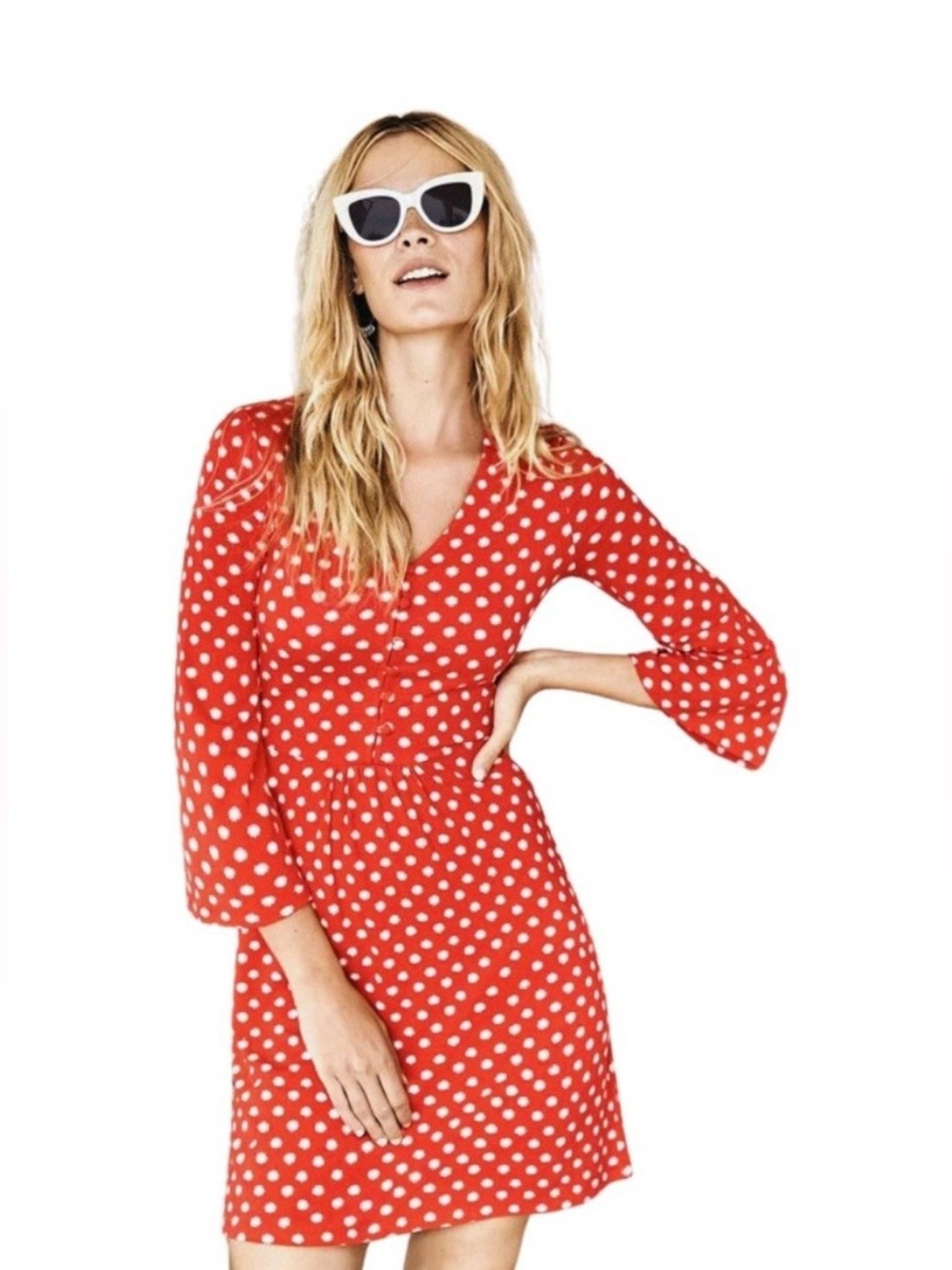 Boden Mini Dress Red White Scarlett Sun Dot V-Neck Jersey Knit 3/4 Sleeve Size 6
